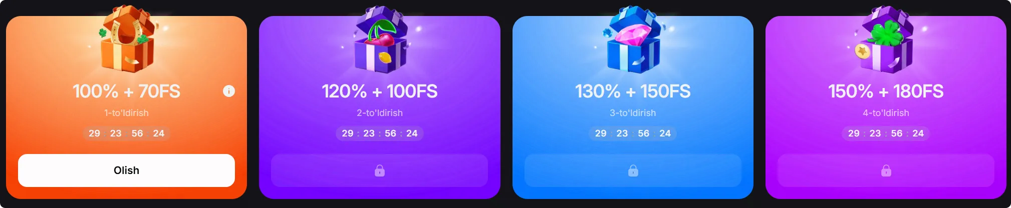 1Win xush kelibsiz bonus strukturasi - 4 depozitga 500% gacha