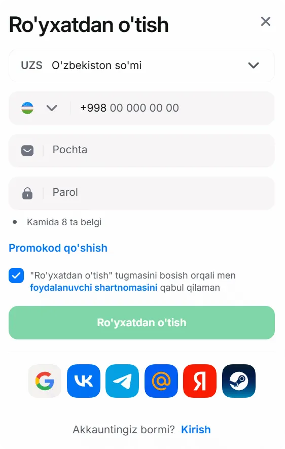 1Win ro'yxatdan o'tish formasi - O'zbekiston uchun +998 telefon raqami